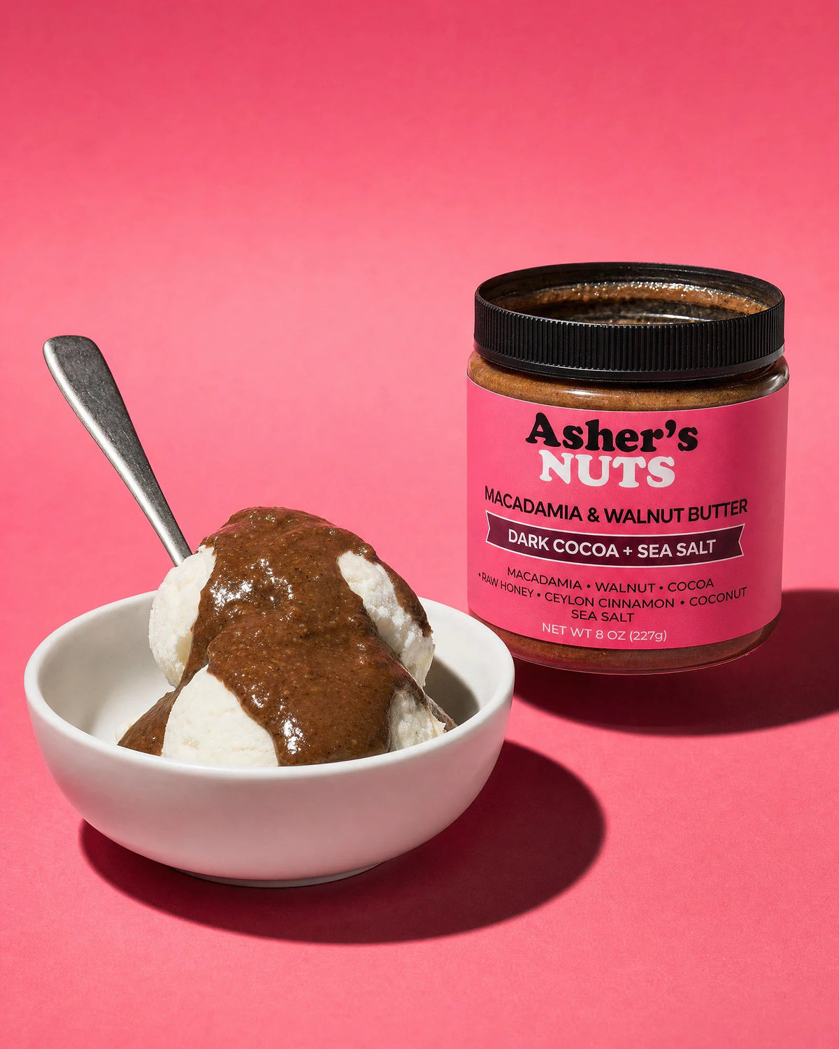 Vanilla ice cream with a warm chocolate nut butter drizzle